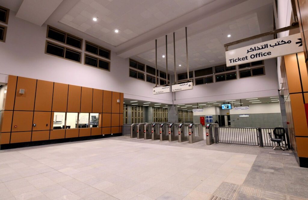 the inside of a train station 